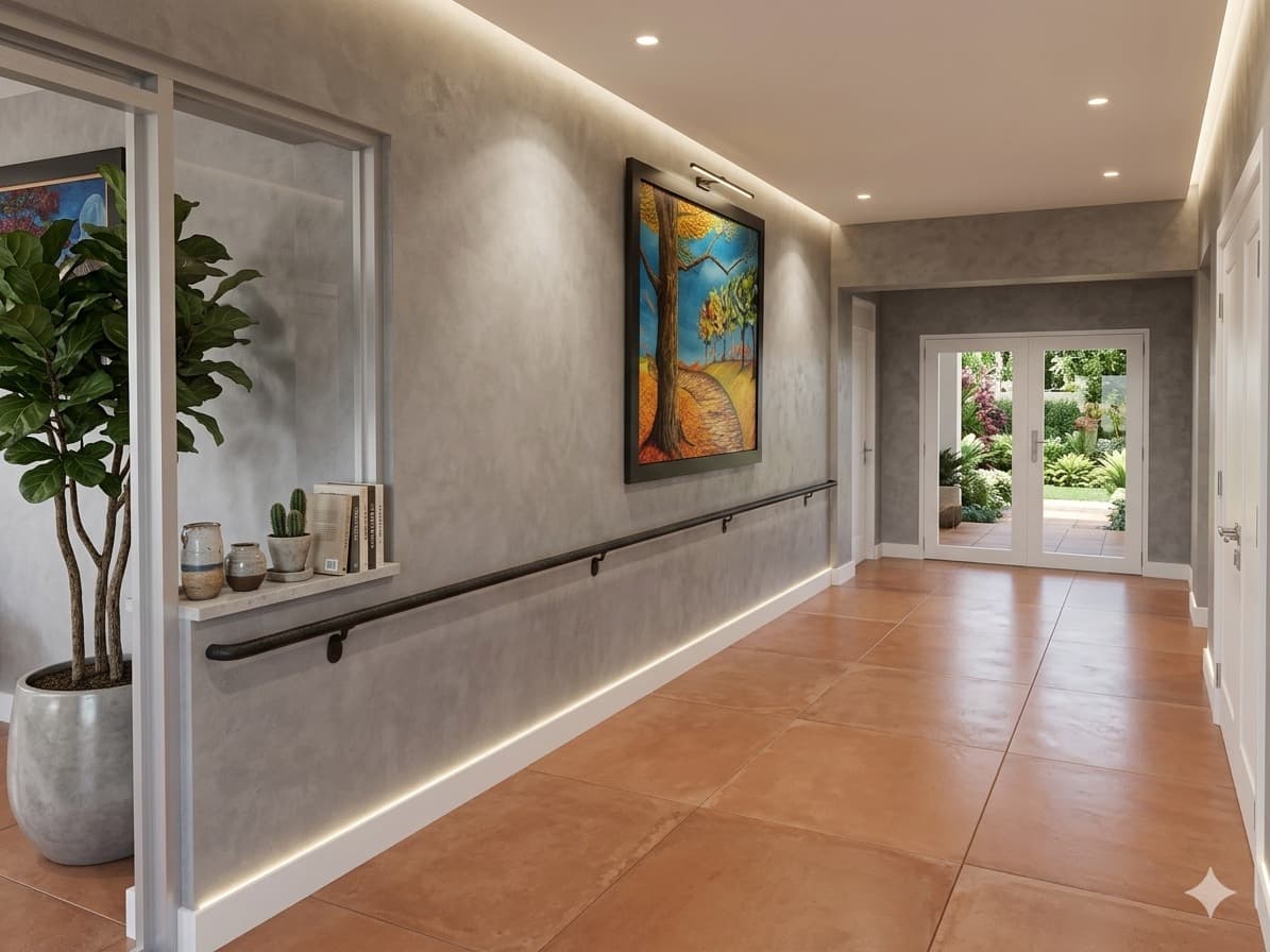 Pasillo con arte y jardín exterior